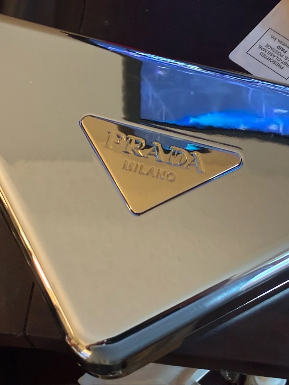 Prada Metallic SilverCosmetic Clutch with gold ve with Triangle Logo 7*7*10inche